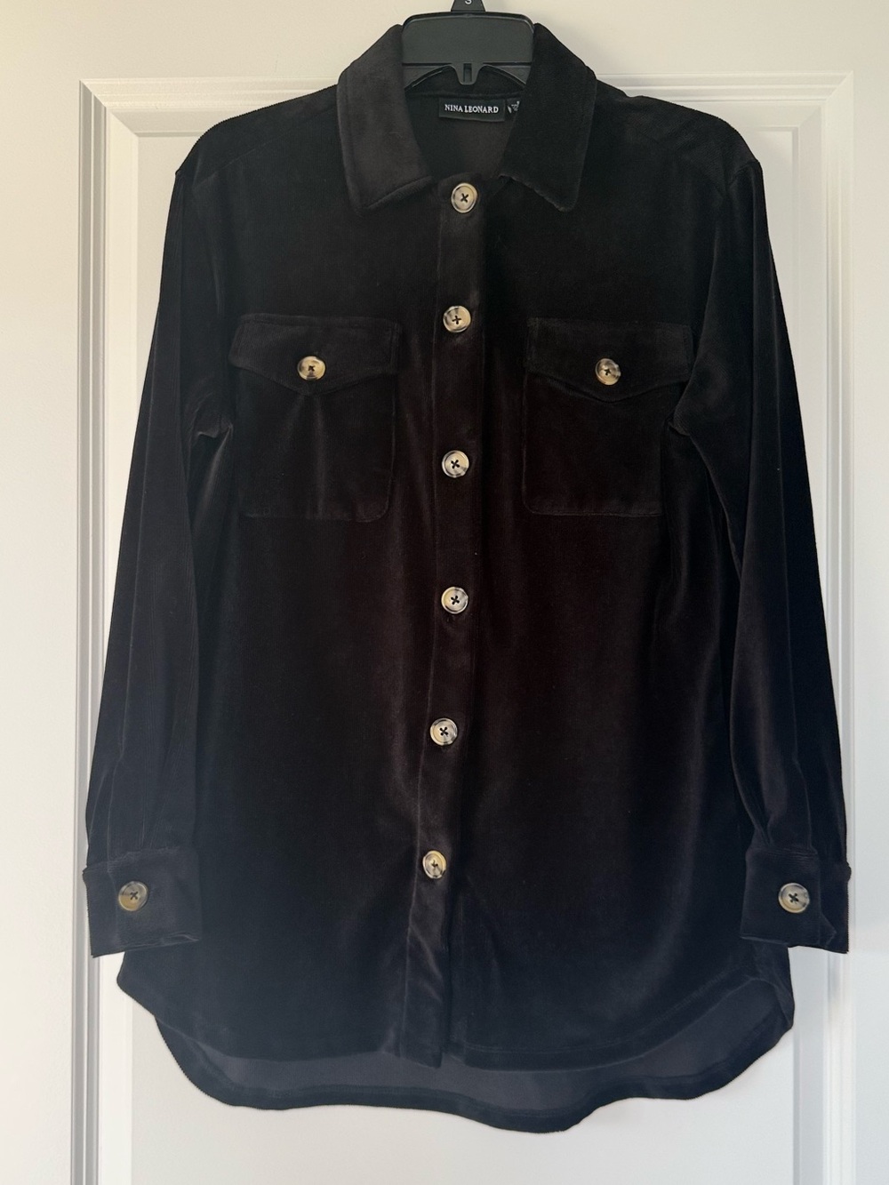 Nina Leonard Black Velvet Button-Front Shirt Jacket